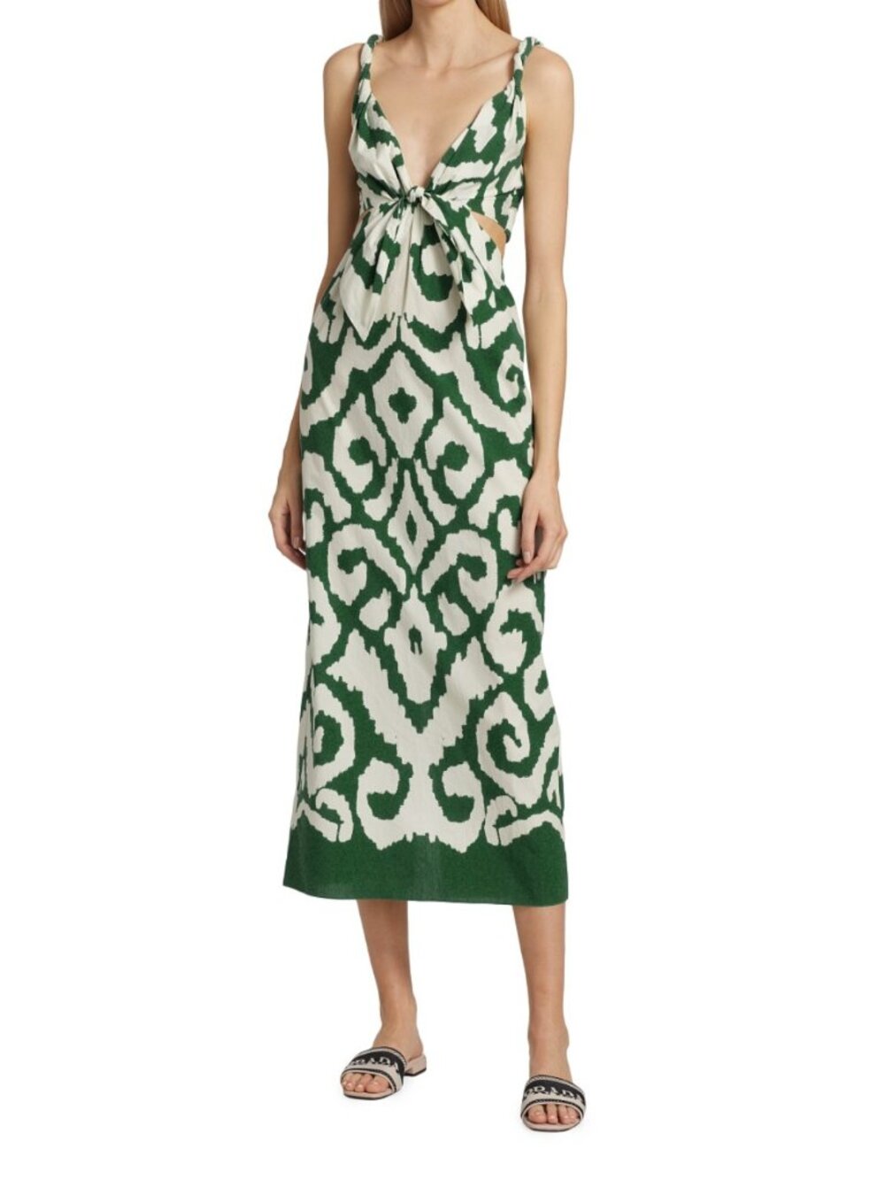 Johanna Ortiz Green White Geometric Tie Front Cutout Maxi Dress Size 0